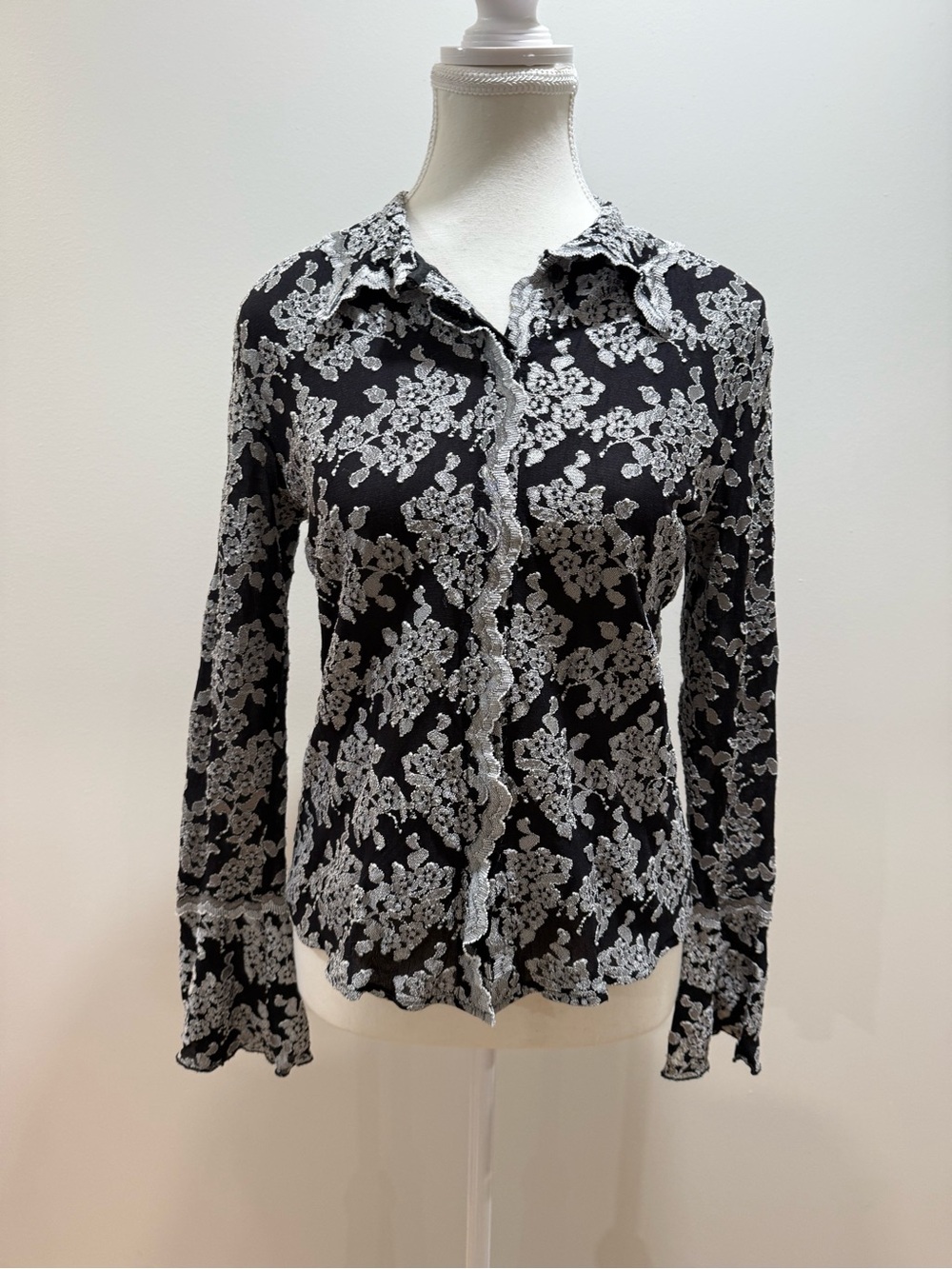 Black Floral Lace-Effect Button-Down Shirt